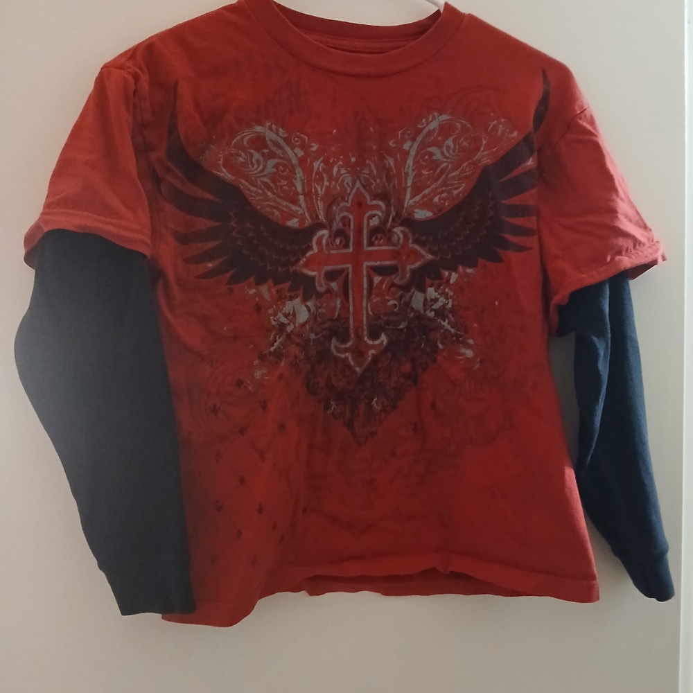 Boys Red Layered Graphic Long Sleeve Tee with Winged Cross